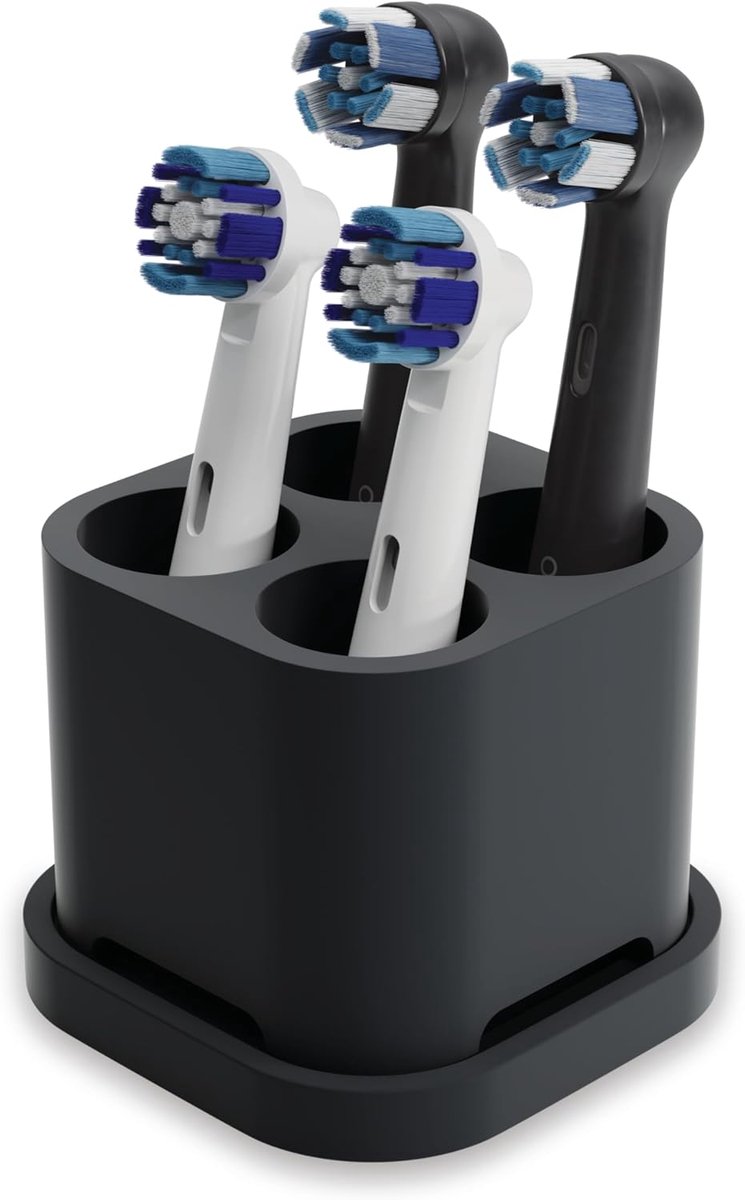 Houder voor 4 opzetborstels en tandenborstels (Zwart) | Compatibel met Oral-B, iO, Philips Sonicare, Waterpik & Fairywill - voedselveilige siliconen - uitneembaar lekbakje