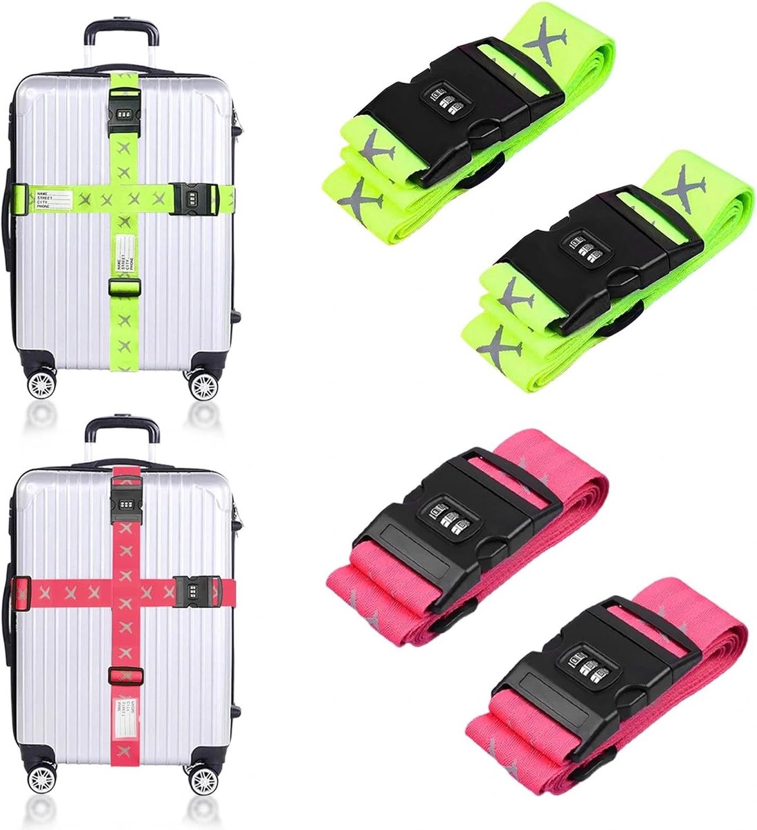 4 Stuks Kofferriem met Cijferslot, Opvallend Antislip Verstelbare Kofferband, Gepersonaliseerde Kofferriemen met Adreskaartje, Bagagestrap voor Snelle Herkenning van Bagage, Groen + Roze