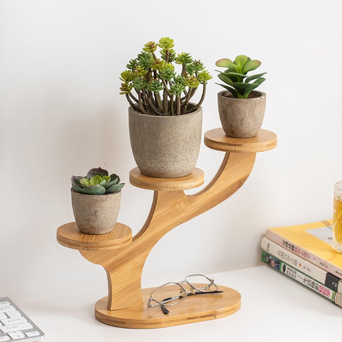 3-laags bamboe plantenstandaard binnen, vetplanten pot standaard, bureau organizer display rek voor tafelblad vensterbank bloem plank tuin thuis kantoor bureau decor