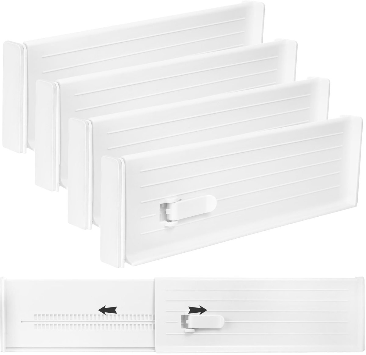4 stuks verstelbare ladeverdelers, 10,6-18,5 inch uitbreidbare lade-organisatoren, 9 cm hoge kunststof trekverdelers voor keukenladen, kledingkast, slaapkamer, dressoir, kledingorganisatie en
