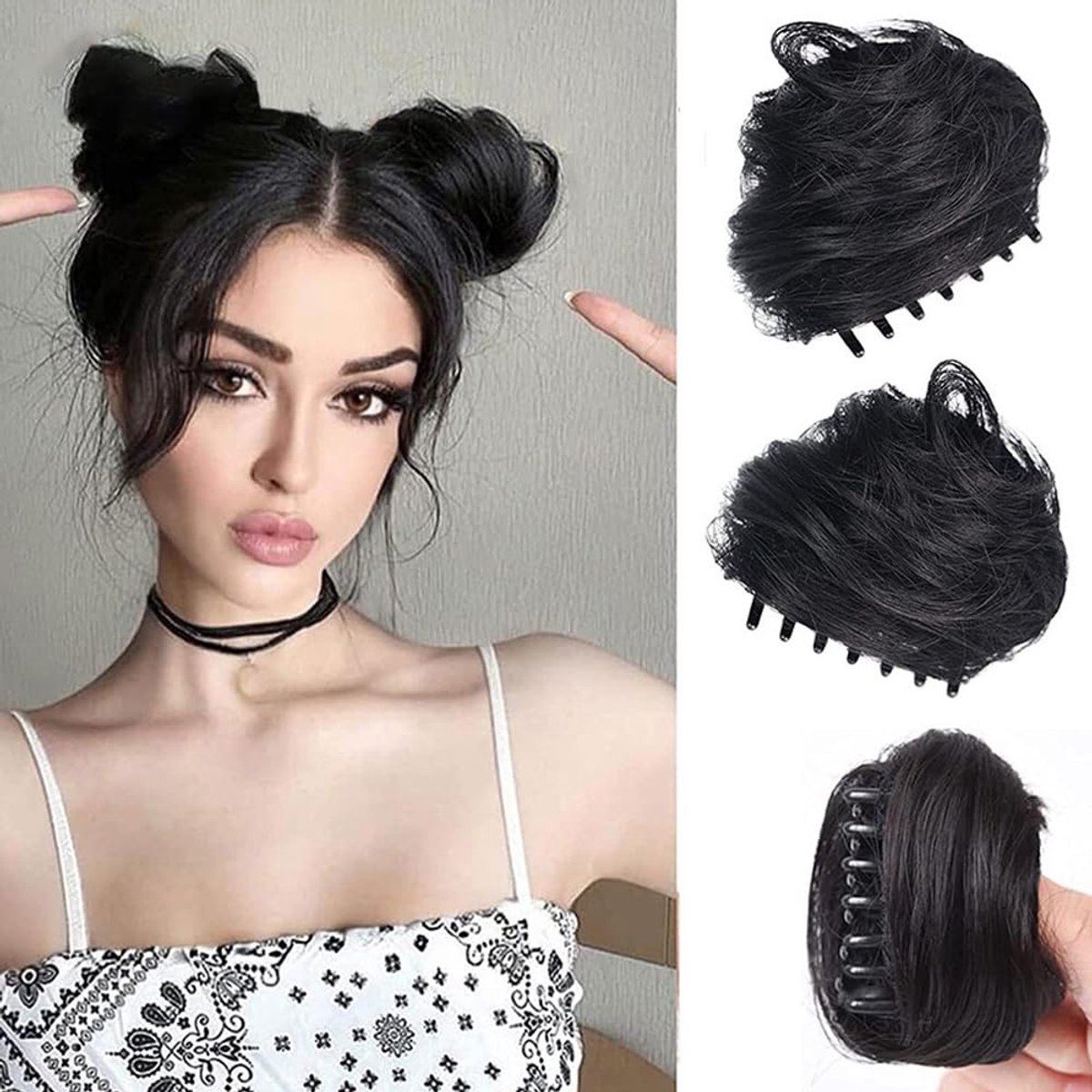 Haarknot, knot met clip, synthetisch haar, donut, paardenstaart, haarstukje, knot voor dames (zwart)