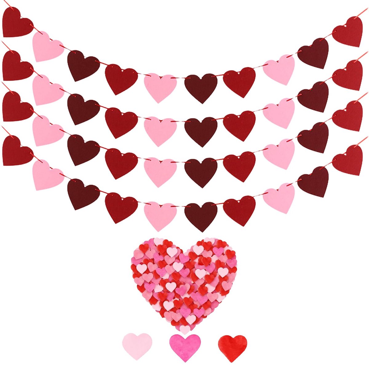 5-delige set voor feestdecoratie met hart-confetti en slingers, 60 g kleurrijke papieren hartjes en 4 vilten "I Love You"-banner voor tafeldecoratie bij verjaardag, bruiloft, Valentijnsdag e