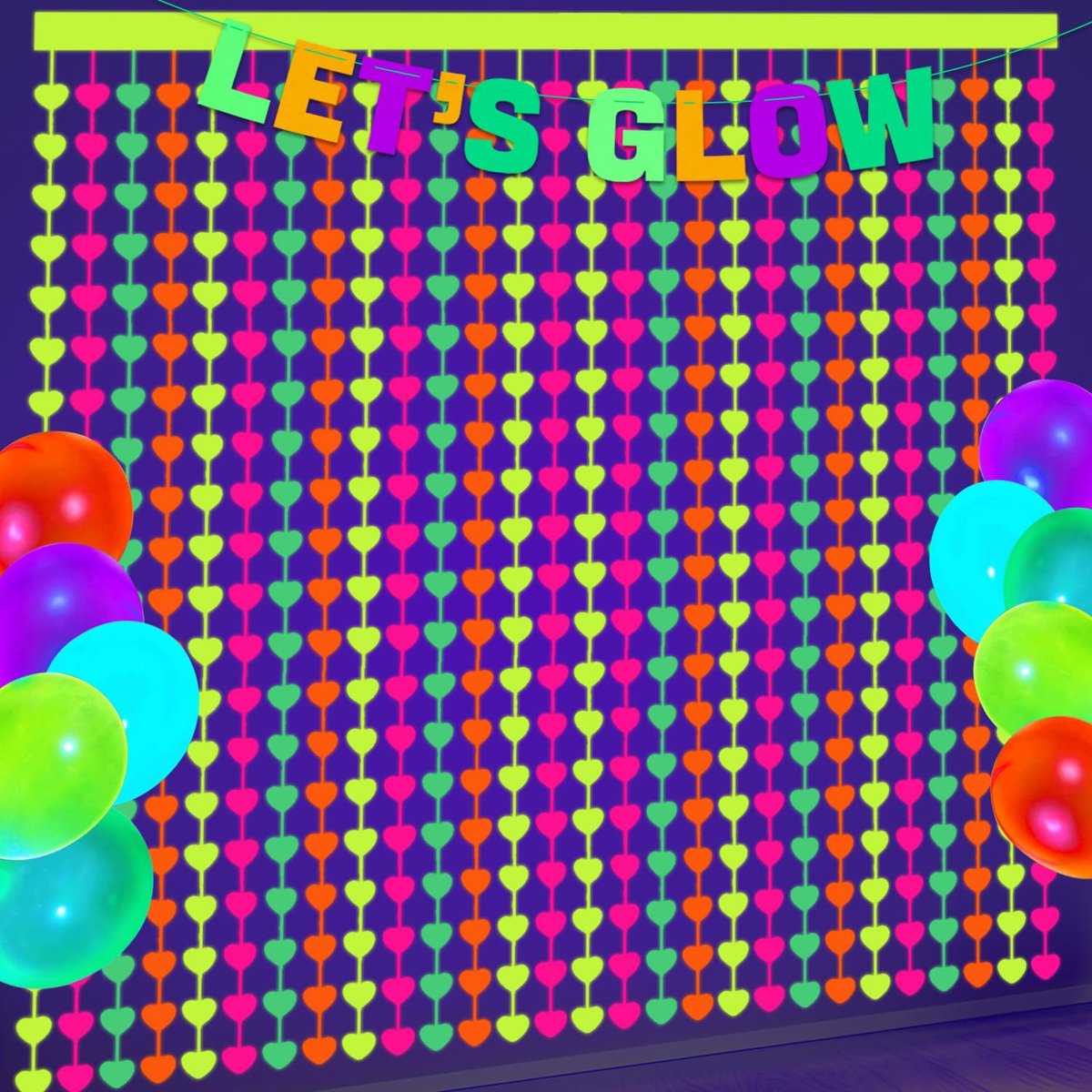 feestdecoraties - 2 stuks kleurrijke fluorescerende hart klatergoud gordijnen neon streamers voor glow in the dark feestbenodigdheden fotocabine rekwisiet achtergrond streamer
