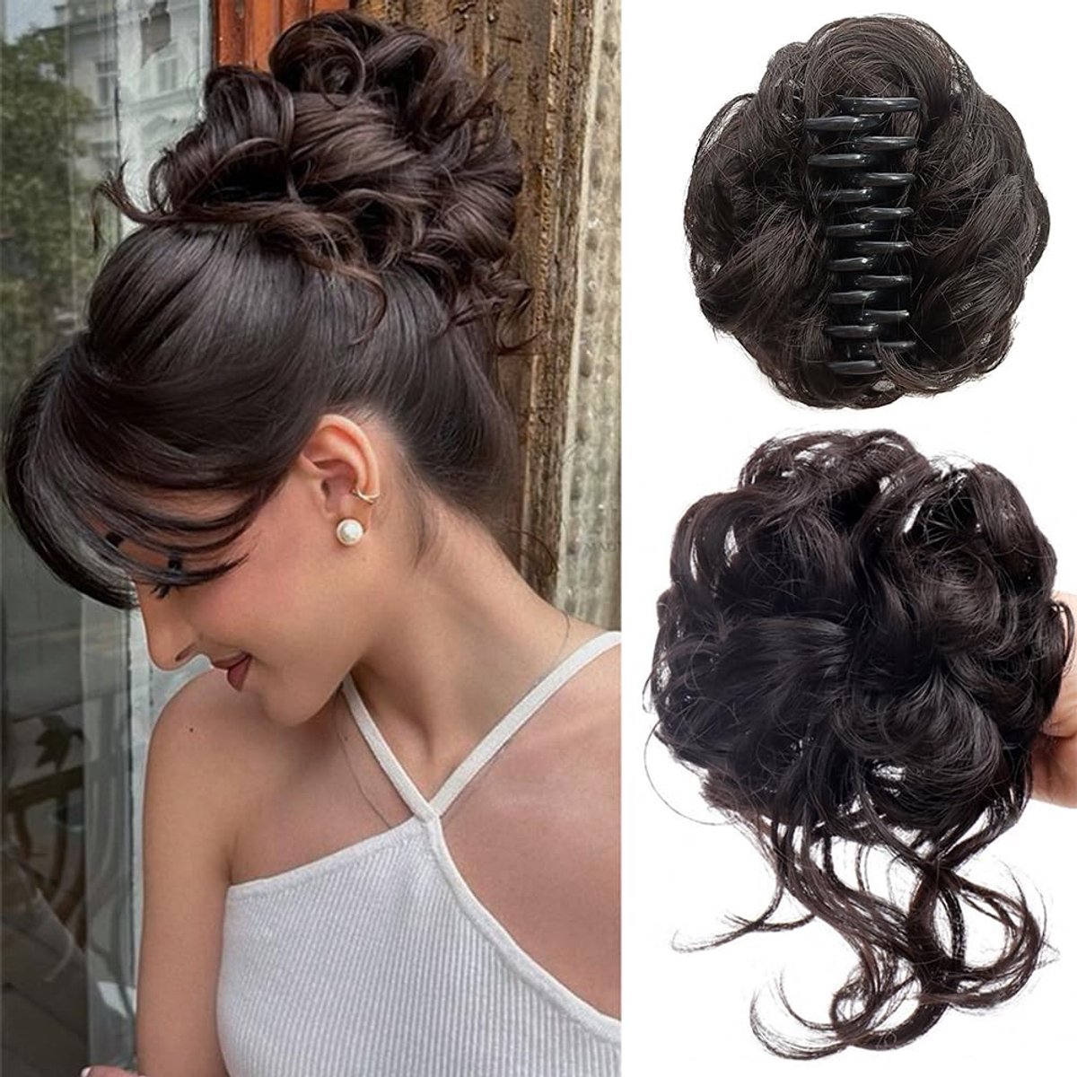 Haarsieraad, knot, haarstukje, echt haar, golvend, krullend, haarknot, haarverlenging, opgestoken kapsel, clip-in klempaardenstaart, haarstukjes, scrunchies voor dames (zwart-bruin)