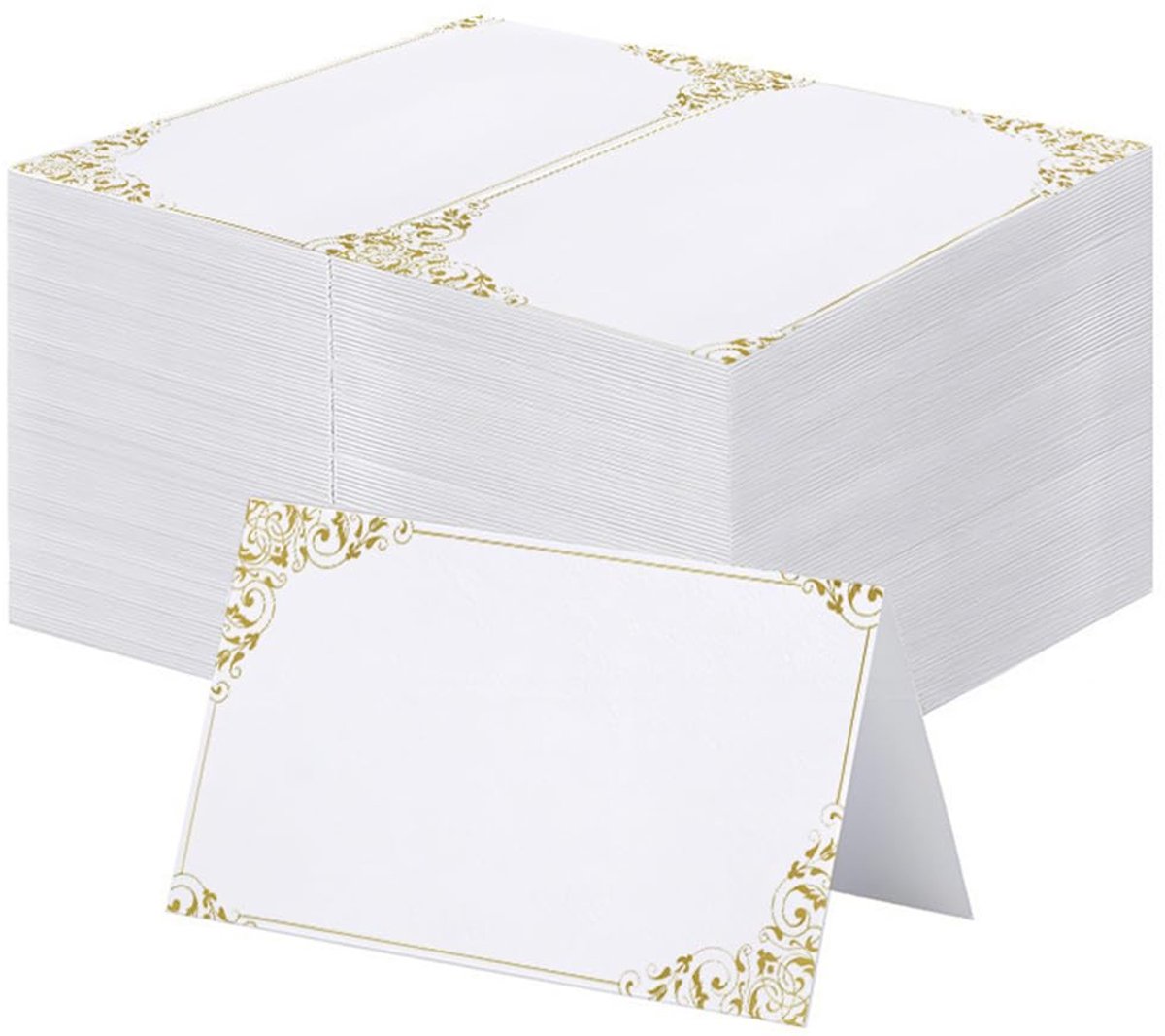 50 stuks plaatskaarten, blanco, naamkaarten om te beschrijven, met gouden rand en gouden versieringen op de hoeken, voor bruiloft, verjaardag, communie, doop, feest, festival (goud)