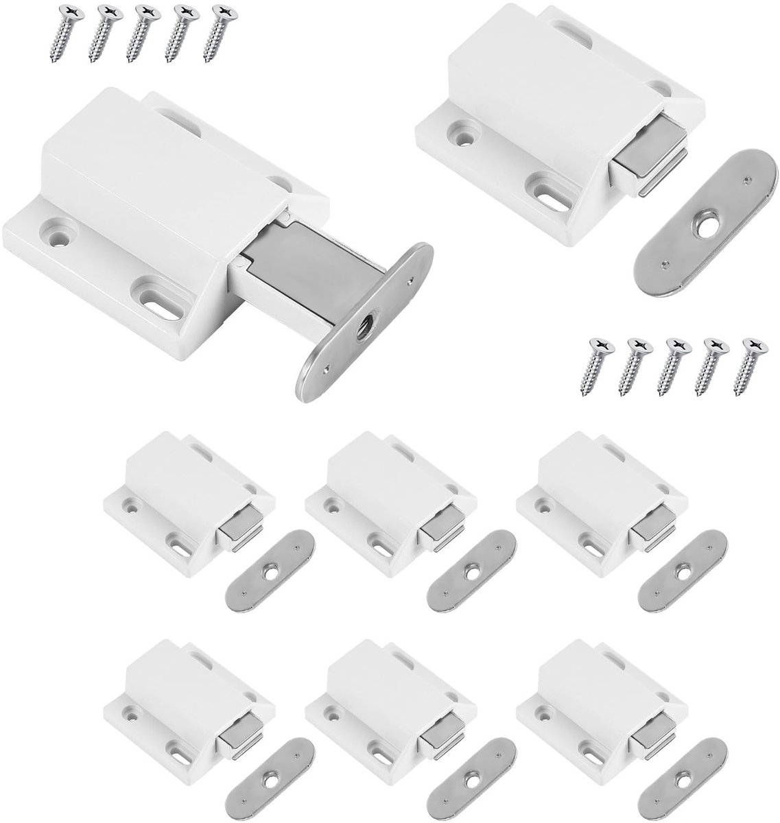 Push om te openen magnetische grendels, 8 STUKS magnetische push grendels geen spijkerinstallatie voor kast, lade, kast, kledingkast, spaanplaat, dressoir, kookgerei Wit