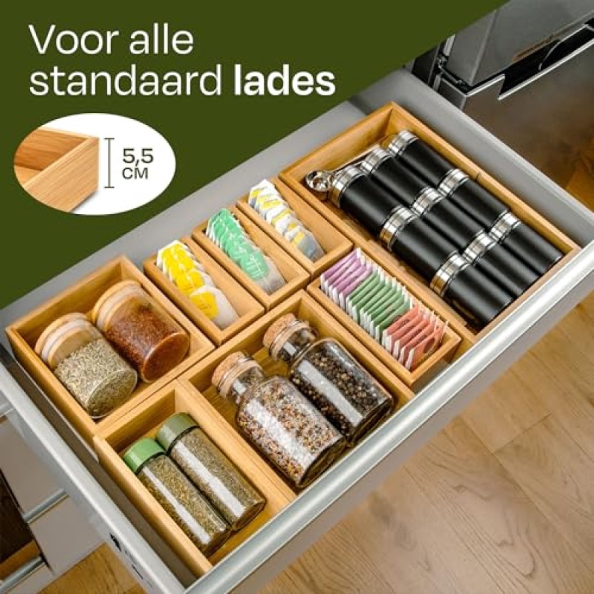 Huis Geluk Lade Organiser box set van 8 - Gemaakt van duurzaam FSC® bamboe hout - Voor elke lade in de keuken, badkamer of op kantoor