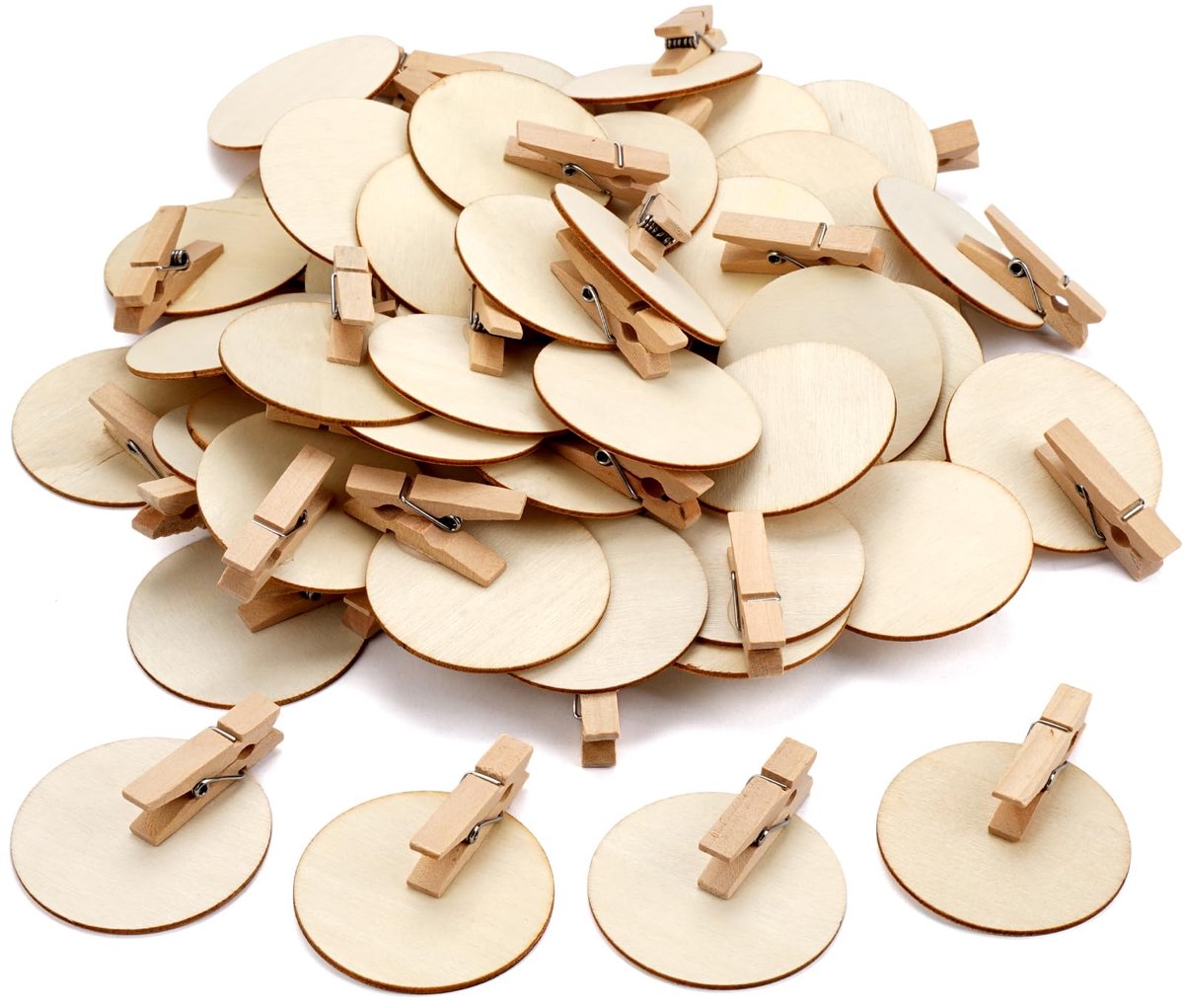 50 stuks houten klemmen, 4,8 cm, naturel, met ronde schijf, houten klemmen, rond, houten klemmen, knutselklemmen, decoratieve klemmen, mini-houten klemmen voor ansichtkaarten, brieven