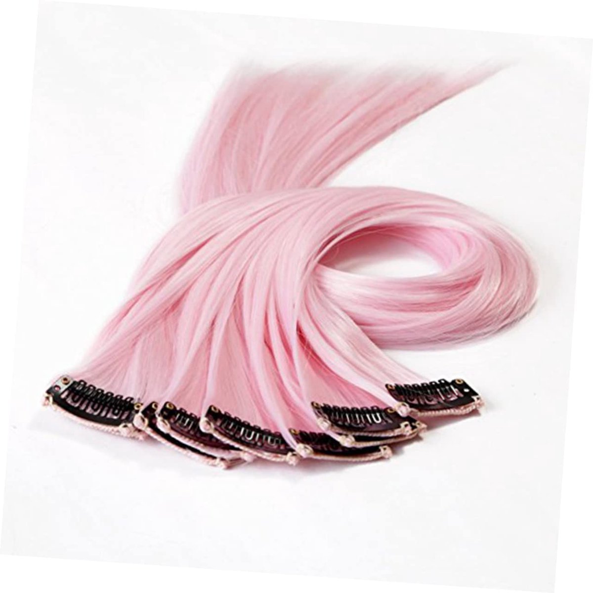 10-delige set clip-haarverlengingen in lichtroze, glad, licht synthetisch haar, herbruikbaar, duurzaam en wasbaar, voor looks voor meisjes en jongens