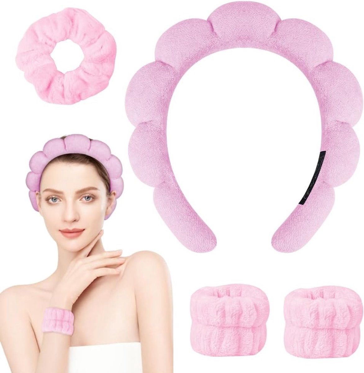 Set van 4 Verzorgingshoofdbanden voor Vrouwen - Ideaal voor Gezichtsreiniging, Make-up en Yoga - Comfortabele en Absorberende Haarbanden voor Douche en Sport
