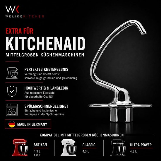 Kneedhaak Keukenmachine - Deeghaak Mixer - Deeg Maken - Roestvrij Staal - 4.3L 4.7L 4.8L - Zilver — afbeelding 3