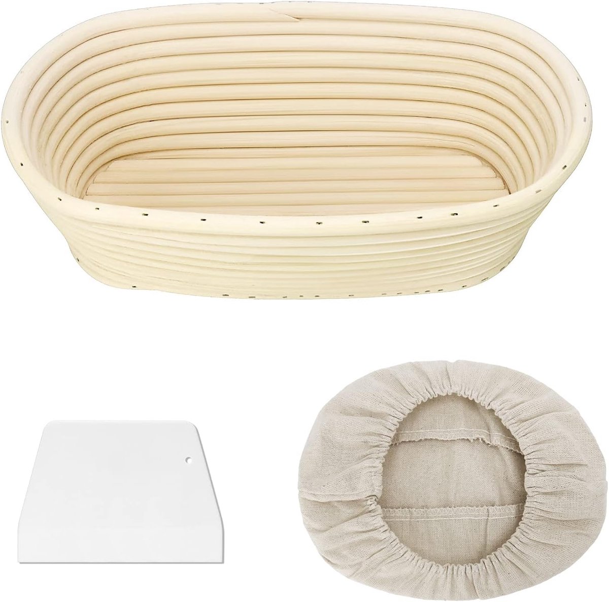 Rijsmand 25 cm, Set Voor Het Bakken Van Brood, Van Natuurlijk Riet met Schraper en Linnen, Rijsmandje voor Het Bakken van Brood, Geschikt voor 500g Deeg