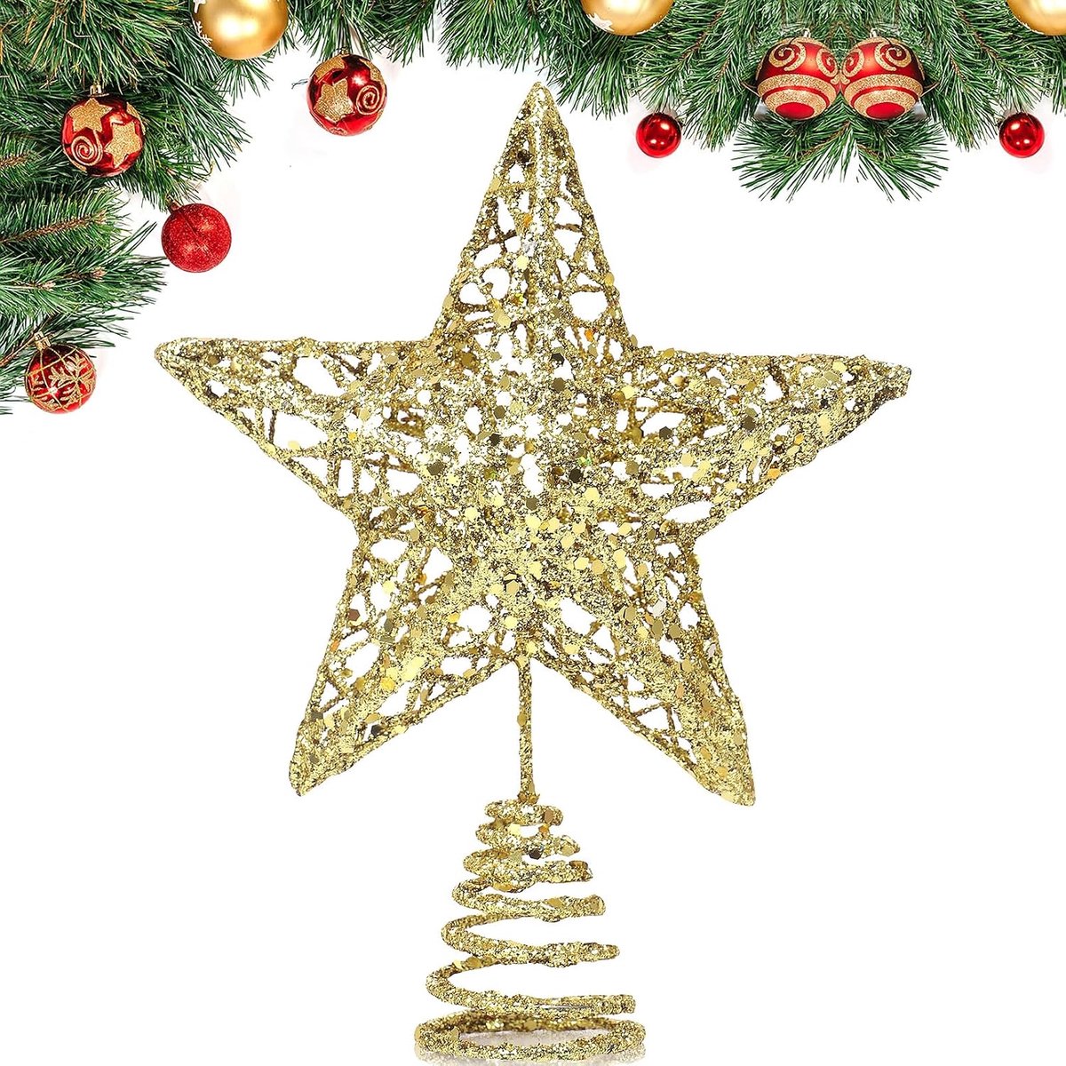 ster, glitter, 3D metallic, kerstboompiek, dennenboom, punt, ster voor kerstboom, kerstboomversiering, 20 x 15 cm (goud, M)