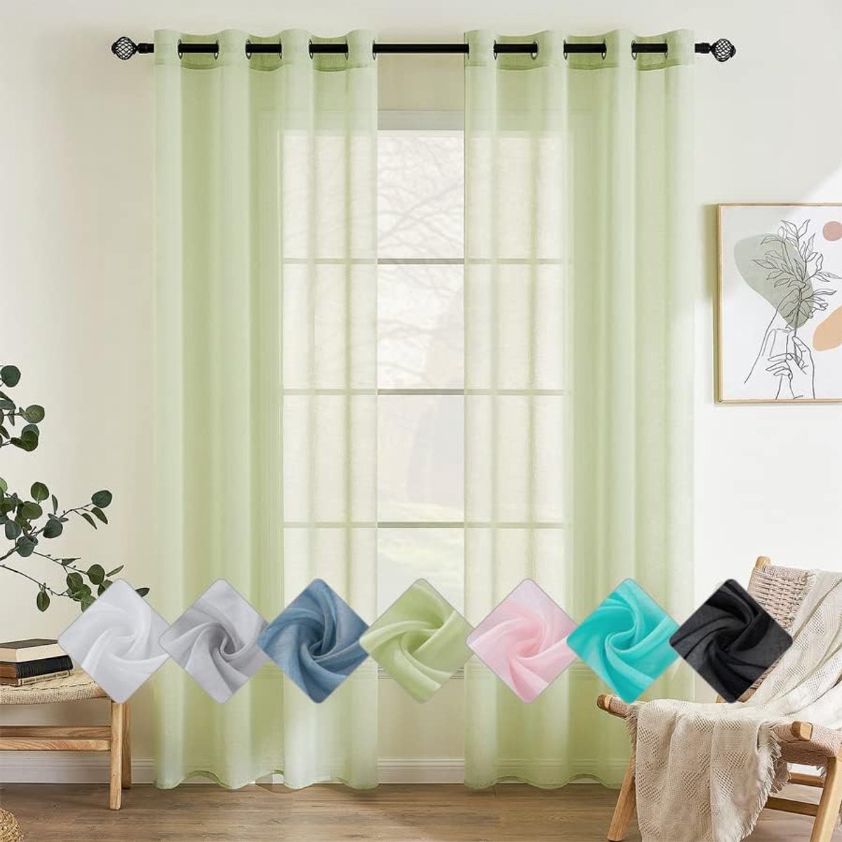 Glasgordijn, polyester voilegordijn met ingestanste ringen, transparante vitrage, luchtig, decoratief, voor slaapkamer en woonkamer, set van 2 gordijnen, 140 X 145 cm (b x h), groen