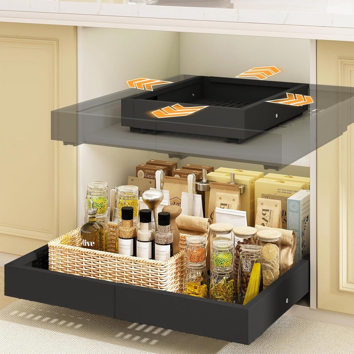 SnelShoppen - Telescopische lade, 2 stuks, uittrekbare lade, 4 richtingen, keuken organizer, metalen kast-lade, breedte 32-53 cm, diepte 41,5-61 cm, z