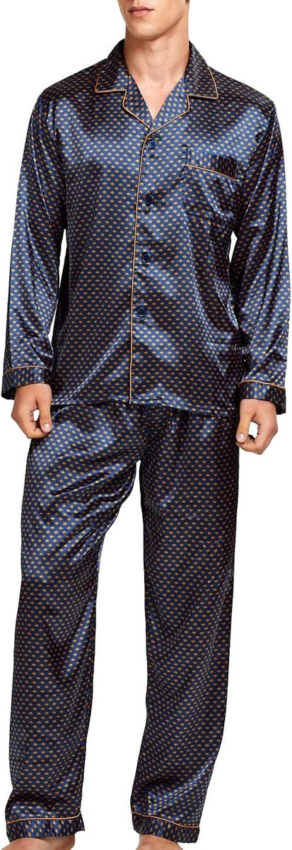 SnelShoppen - Herenpyjamaset Satijnen Nachtkleding Lange Mouwen Loungewear Comfortabele Slapen Kleding Maat M/L Zwart Perfect voor Thuis en Ontspannin
