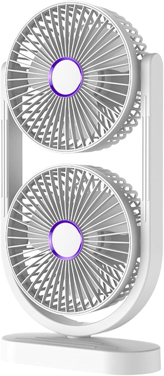 Dubbelkopse torenventilator, oscillerende oplaadbare bureauvantilator met 3 snelheden, draagbare USB tafelventilator voor persoonlijke verkoeling in de zomer （Wit）