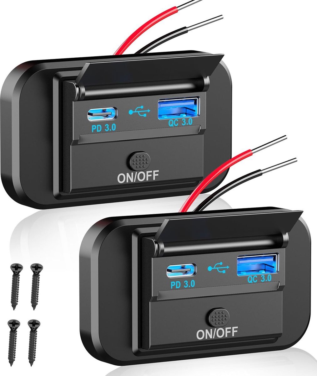 Autolader voor telefoons - USB-C-aansluiting/12V-autolader - Dubbele aansluiting voor opbouwmontage - 36W - QC3.0 - 12V - USB-aansluiting - Geschikt voor auto's, boten en campers - Multifunctioneel - Set van 2 - Blauw