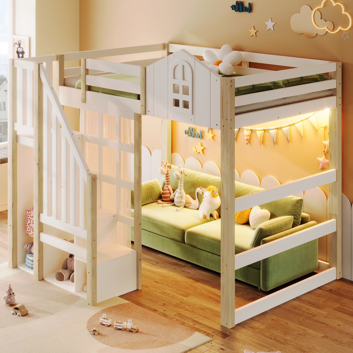 MEUNIQ Hoogslaper 140x200 cm met LED-verlichting, opbergladder, uitvalbeveiliging en open ruimte, voor kinderkamer, Wit/Naturel White+Natural