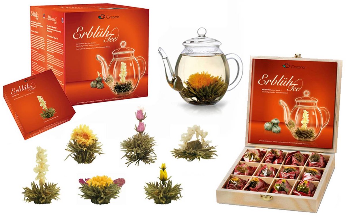 Creano Theebloemen Mix - Cadeauset Bloementhee met Glazen Theepot & 6 Theebloemen + 12 Theerozen in Houten Theekist in 6 Soorten - Witte Thee