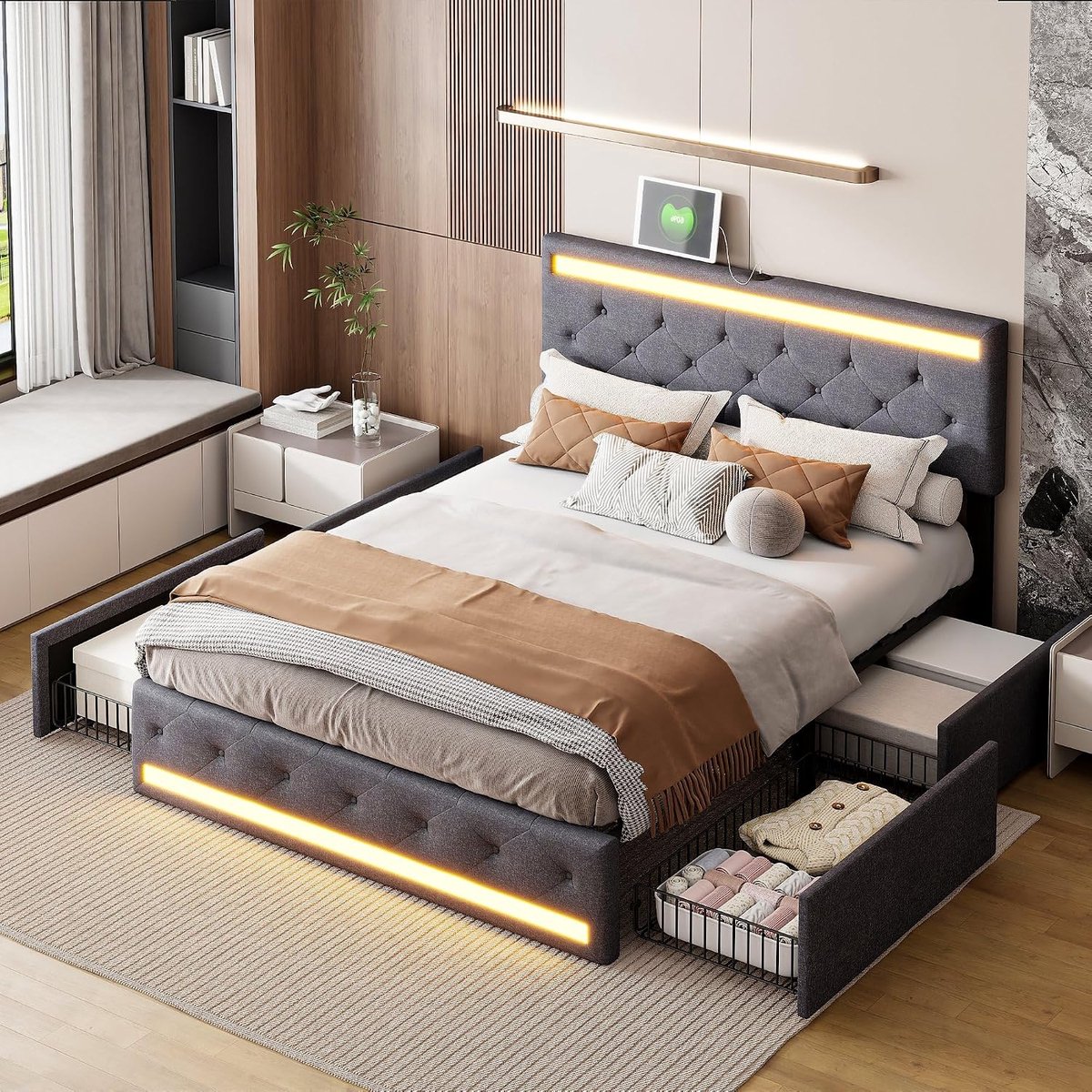 Gestoffeerd Bed - Frame met Laden - Slaapkamer Organiseren - Zachte Randen - 140x200 cm - Grijs