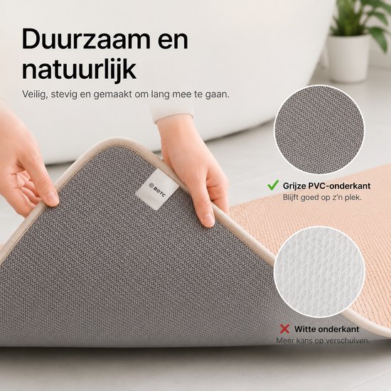 Onderkant van een beige badmat met grijze PVC-onderkant.