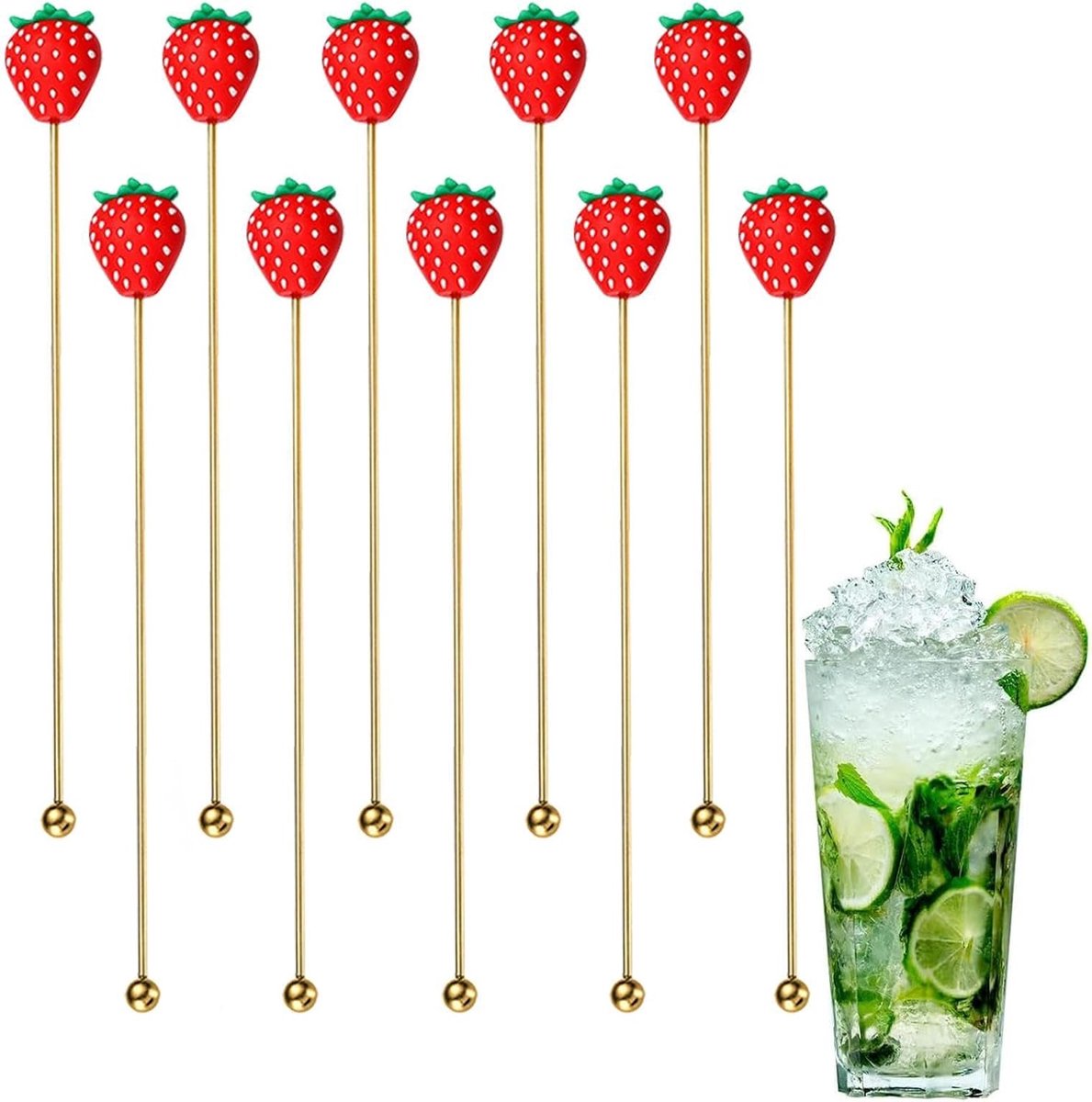 Set van 10 goudkleurige roestvrijstalen roerstokken met aardbei siliconen bovenkant, decoratieve mengstaafjes voor cocktails koffie thee en zomerfeestjes