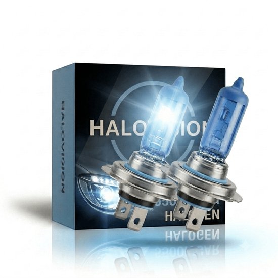 Doos HaloVision en twee H7 autolampen met blauwe gloeilampen, op een witte achtergrond.
