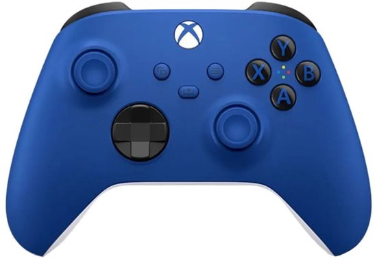 Blauwe Xbox controller met witte en zwarte accenten, frontaal weergegeven.