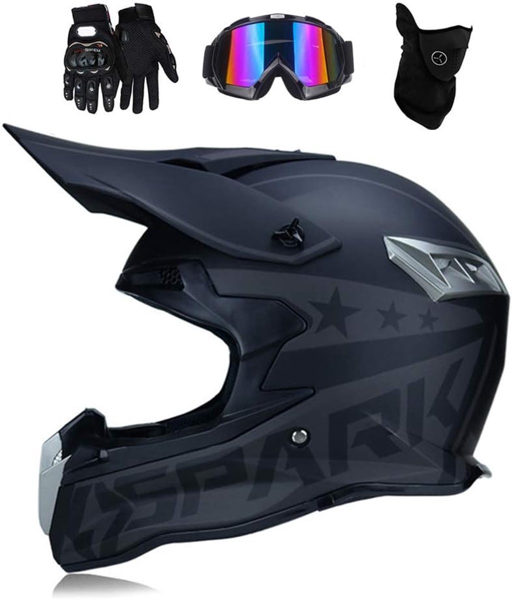 Fullface Helm - Motorcrosshelm Set - Veilig Rijden - Inclusief Bril Handschoenen - Maat S - Mat Zwart