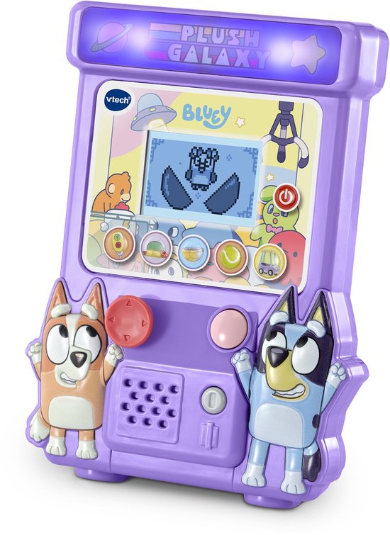 Paarse VTech Bluey Game & Go spelcomputer met opdruk 'PLUSH GALAXY'. Met Bluey en Bingo figuren.