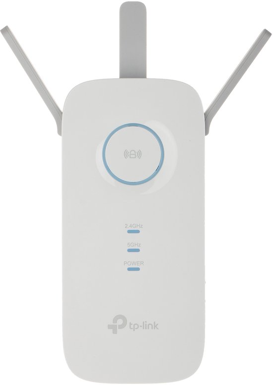 Witte TP-Link WiFi-range-extender met twee verstelbare antennes en blauwe led-indicatoren.