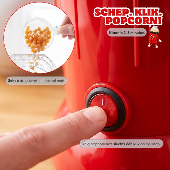COOK-IT Popcornmaker - Popcornmachine - Zonder Olie - Hete Lucht - Verse Popcorn in 2 Minuten - 800W - Inclusief Maatbeker - Rood — afbeelding 2
