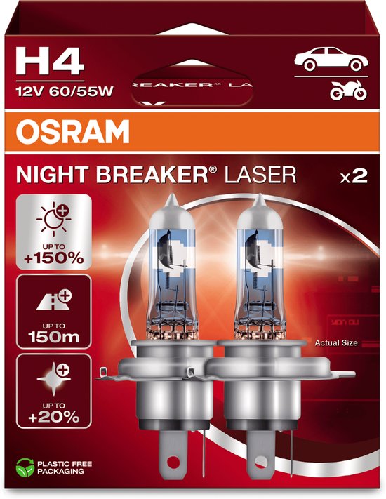 Osram Night Breaker Laser H4 autolampen, 2 stuks, in verpakking met afbeeldingen van een auto en motor. 'Tot 150% meer licht'.