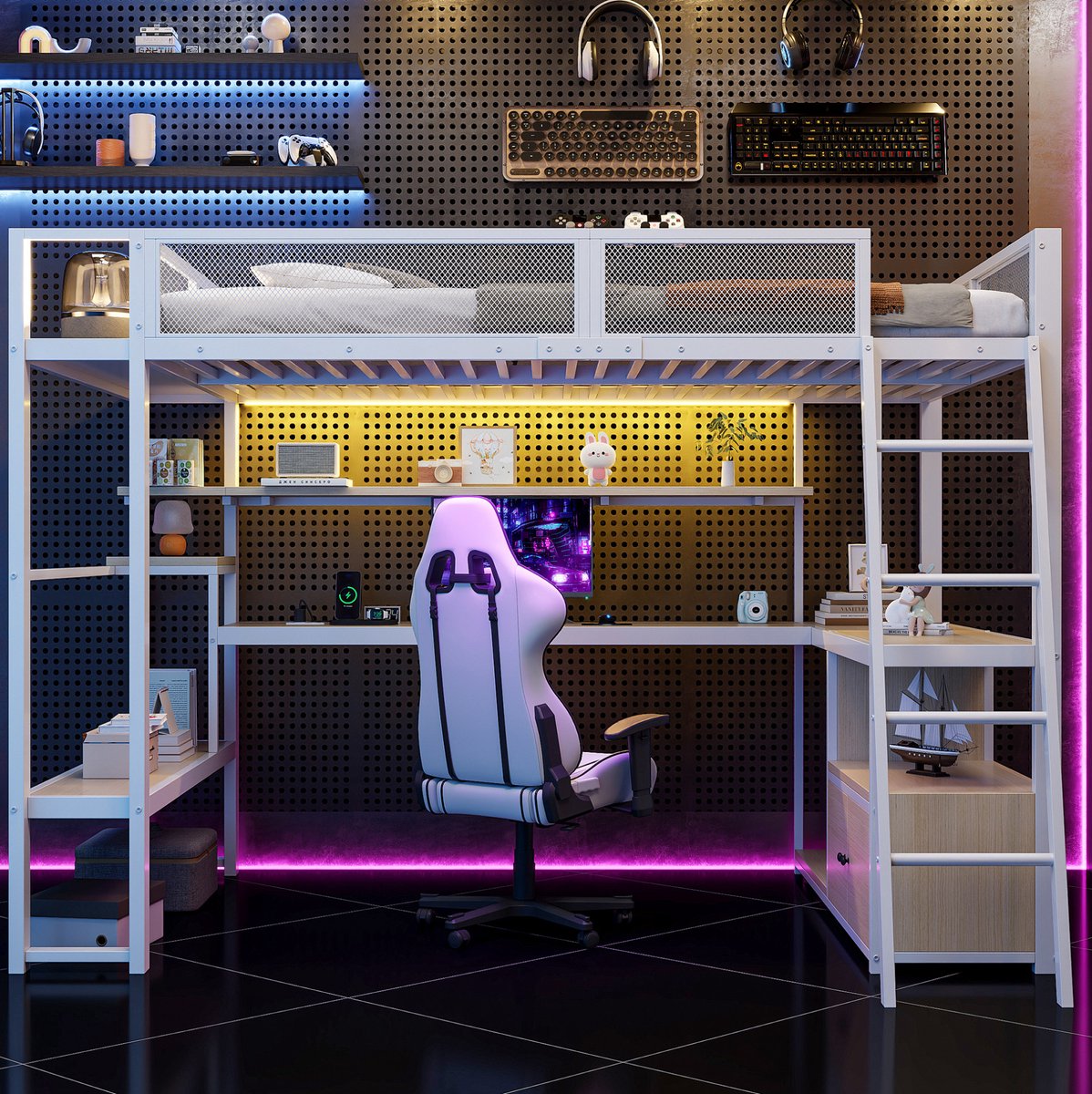 MEUNIQ Metalen hoogslaper 140x200 cm met bureau, ledverlichting, opbergruimte en ladder, voor slaapkamer of werkhoek, wit