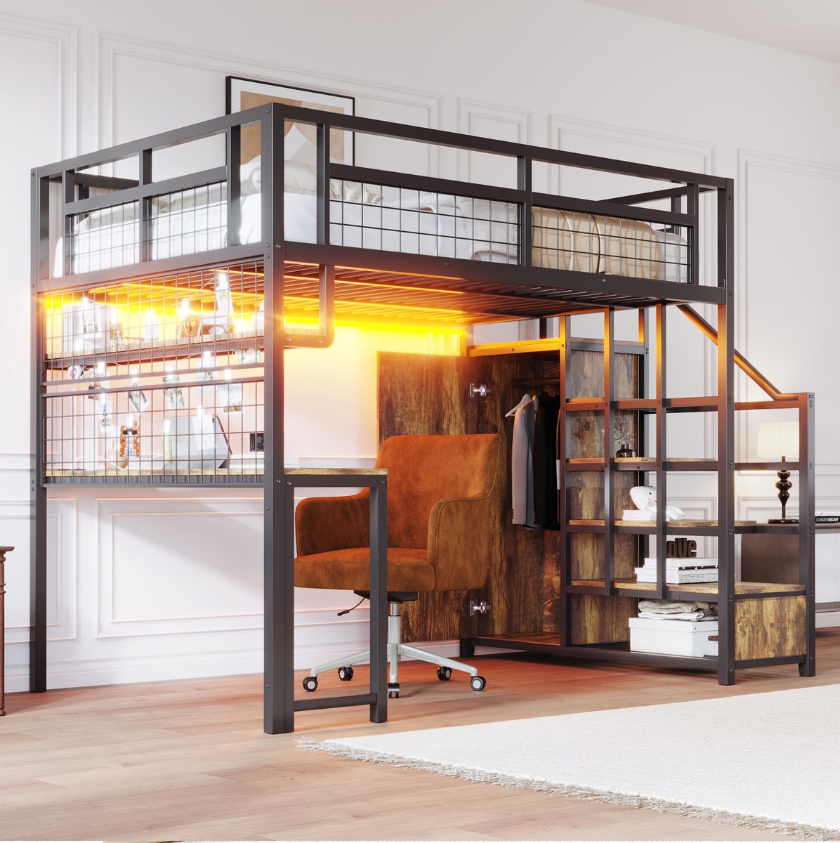MEUNIQ Hoogslaper 140x200 cm met bureau, opbergleider en kledingkast, legplank, netrek en verlichting met stopcontact, metaal, zwart