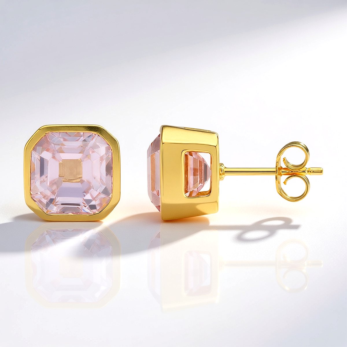 Cavill - Vergulde 925 Sterling Zilveren Oorbellen - 8,189 Ct Roze Kunziet Edelstenen - Achthoekig Asscher Geslepen - Elegante Bezel Oorhangers