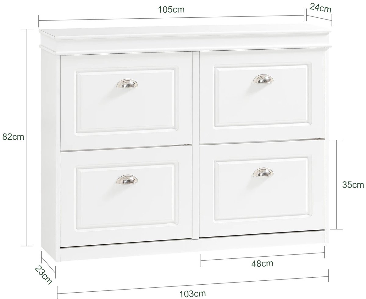 Bresht Schoenenkast - 4 Kleppen – 16 paar schoenen - Kantelbeveiliging - Smalle Opbergkast – Wit – 24 cm diepte - 105 x 24 x 83 cm