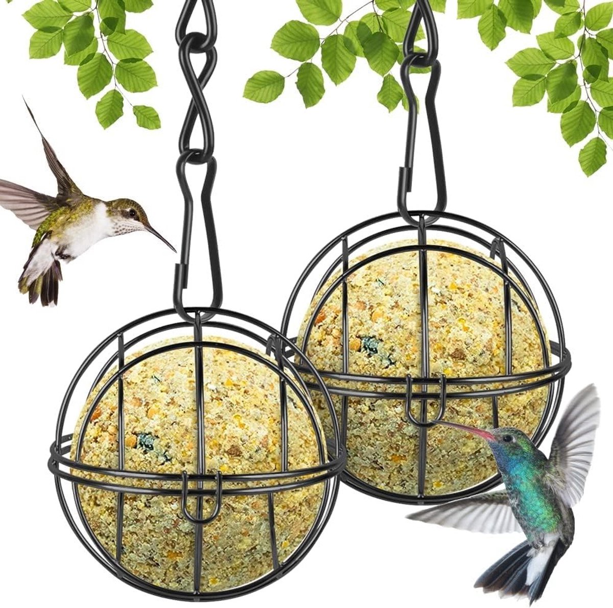 Voederbak voor vogels om op te hangen, metalen voederdispenser met S-vormige haken, ideaal voor buiten, tuin en wilde dieren (2 stuks)