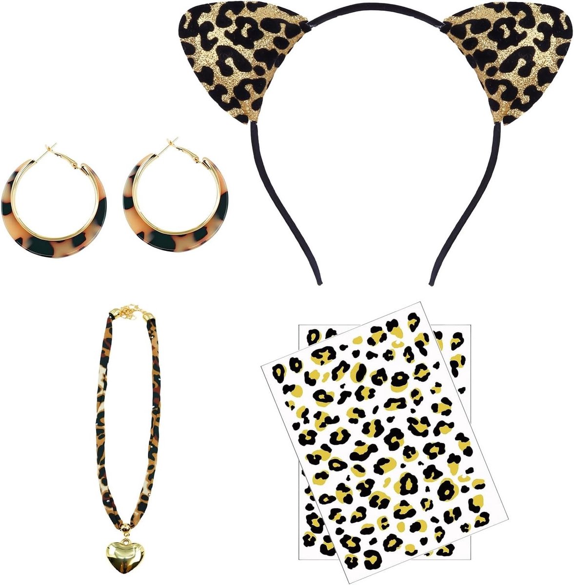 Leopard Kostuum Set voor Kinderen met Oorbellen, Haarband en Stickers voor Halloween en Carnaval