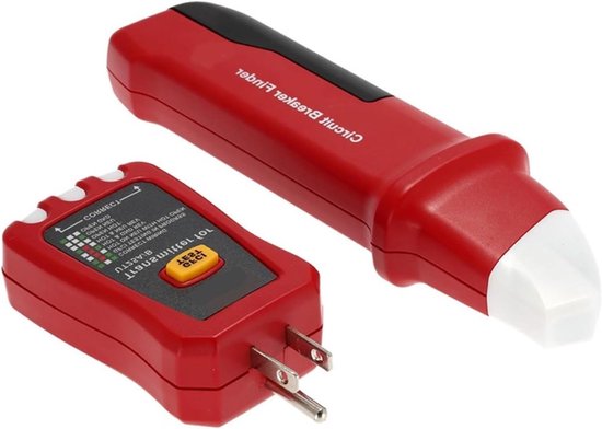 Rode zender met GFCI-testknop naast een rode Circuit Breaker Finder op een witte achtergrond.