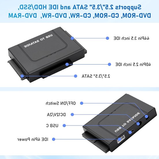 Hard Drive Adapter 6Gbps USB 3.1 naar IDE/SATA voor 2.5/3.5 inch HDD met Voeding en SATA Kabel voor Windows 11/10/8/7/XP/Vista — afbeelding 2