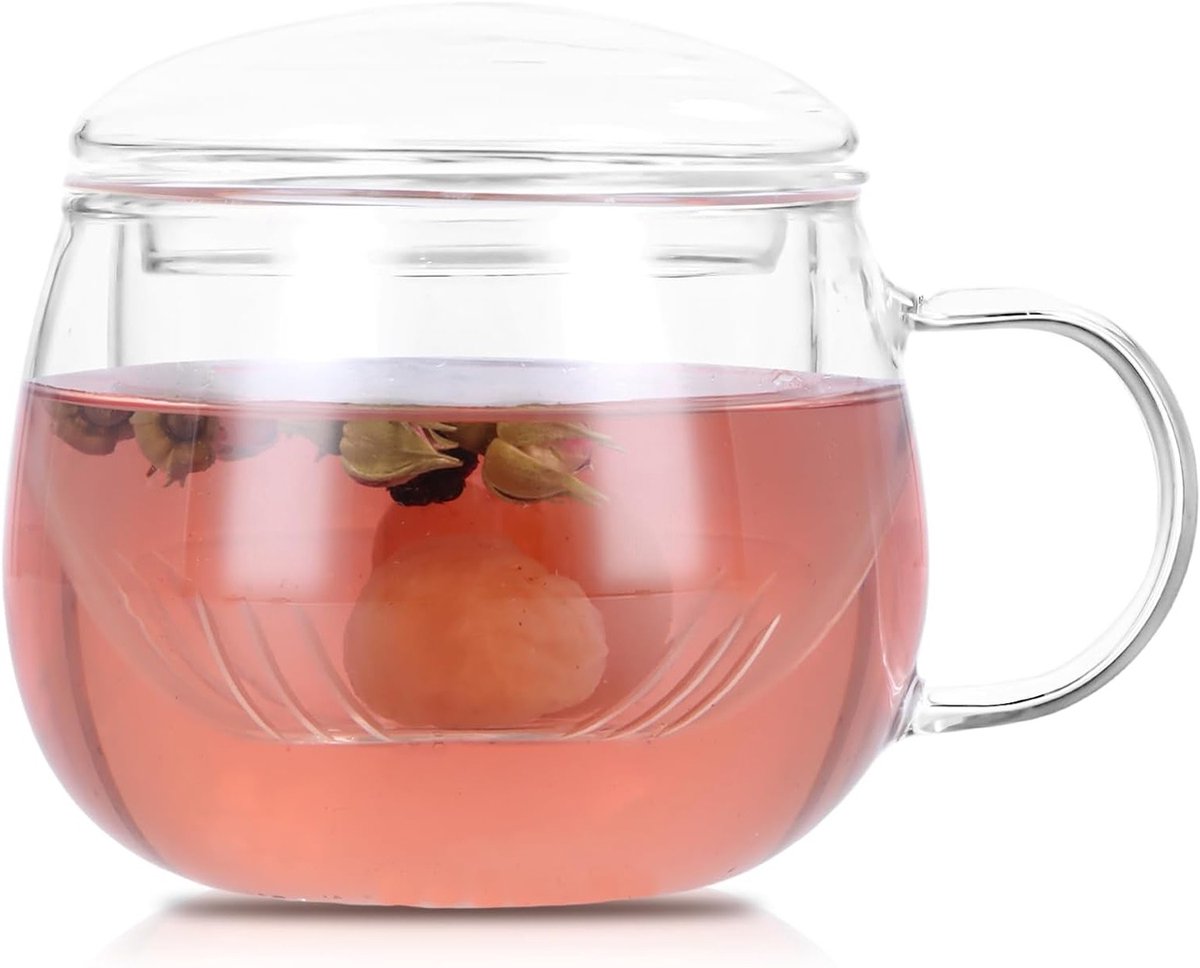 Borosilicaat Theeglas met Deksel en Zeef - 350ml Warmtebestendig Theeglas voor Losse Theebladeren, Koffie en IJscreme