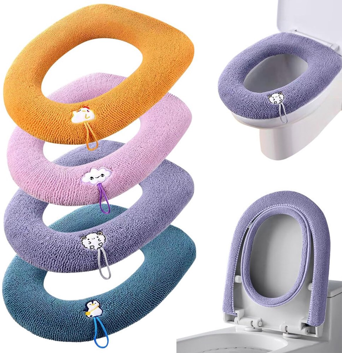 Set van 4 Toiletbrilhoezen – Universele, Wasbare Toiletbrilhoezen/Kussens (Geschikt Voor De Meeste O- en U-vormige Toiletten)