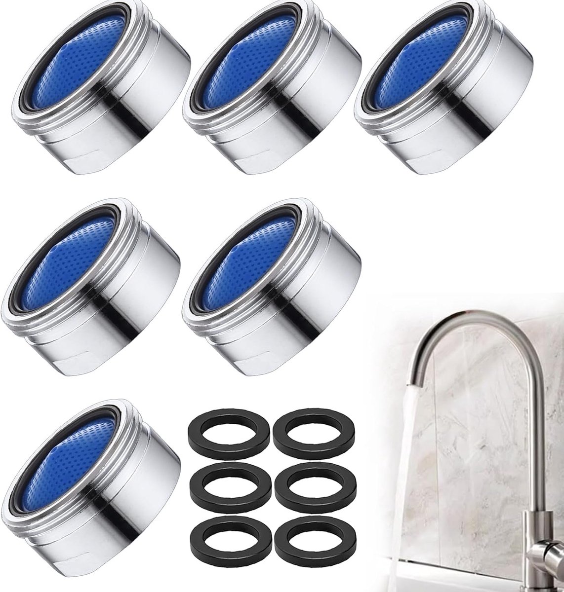 SnelShoppen - Pack van 6 M22 Jet Regulator Waterkranen, Strainer, Perlator, M22 Strainer voor Keuken en Badkamer, Duurzaam Koper, Vermindert Waterverb