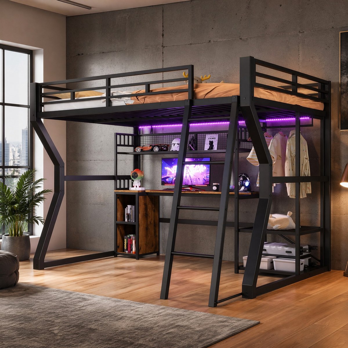 COVREO Hoogslaper 140x200 cm - met bureau, opbergruimte, verlichting en stopcontact, zwart