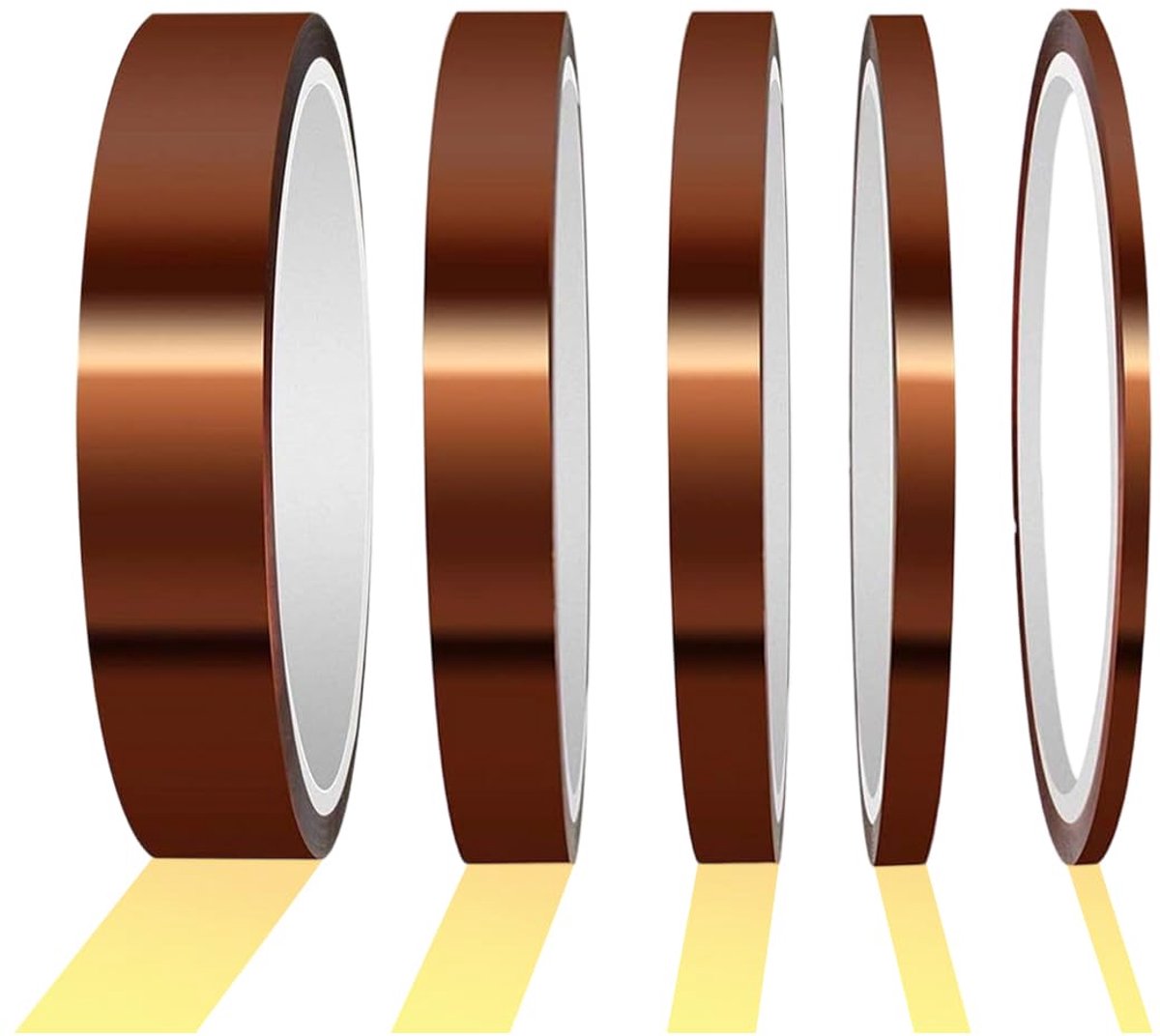 SnelShoppen - Heat Resistant Adhesive Tape 180°C - Polyimide Tape voor 3D Printers en Elektronica - 5 Rollen in 3/6/9/12/20mm x 33m - Ideaal voor PCB,