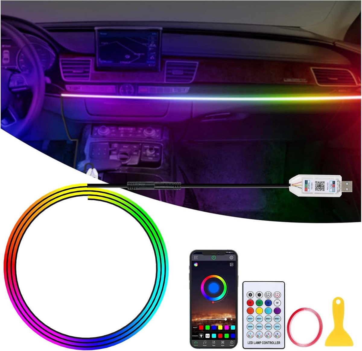 SnelShoppen - Auto LED Sfeerverlichting RGB Lichtstrip 3M met Muzieksynchronisatie voor Feest, Camping, Kinderen, Tuin, Keuken - Kleurverandering en F