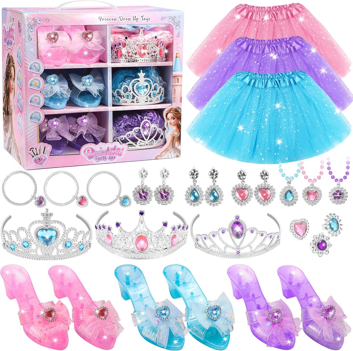 SnelShoppen - Prinses Verkleedschoenen Set met Kindermake-upset, 30+ Stuks Prinsesspeelgoed, 3 Kleurige Rokken, Schoenen, Kronen, Sieraden voor Meisje