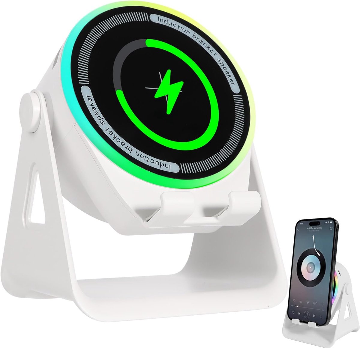SnelShoppen - Inductie Speaker met Telefoonhouder - Draadloze Oplaadstand met Bluetooth Speaker en Stemmingverlichting, Multifunctionele Telefoonstand